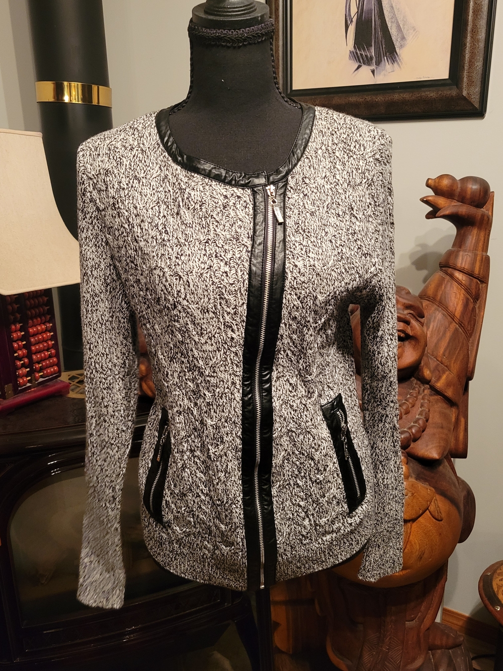 Black & White Knit Zip-Front Cardigan with Faux-Leather Trim
